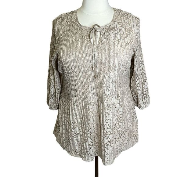 Catherines Plus Size Lacy Blouse Size 1X Pullover Pleated Tan - Picture 1 of 16